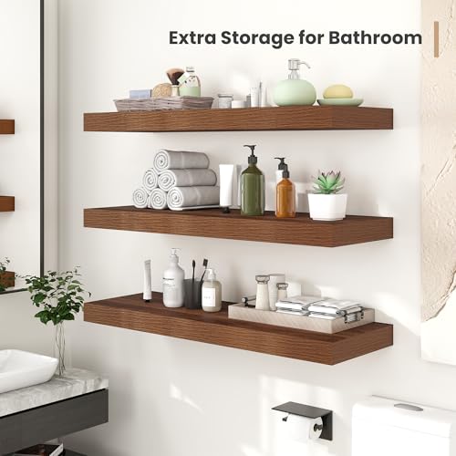 Heimlove 12 Inch Deep Floating Shelves, 16 x 12 inches Long Wall Shelf, Large Extra Display Shelf & Storage Shelf, Rustic Wood Wall Shelves for Fireplace Mantel, Walnut - 2Pack - color: Walnut, size: 16"W x 12"D x 2"H, Set of 2