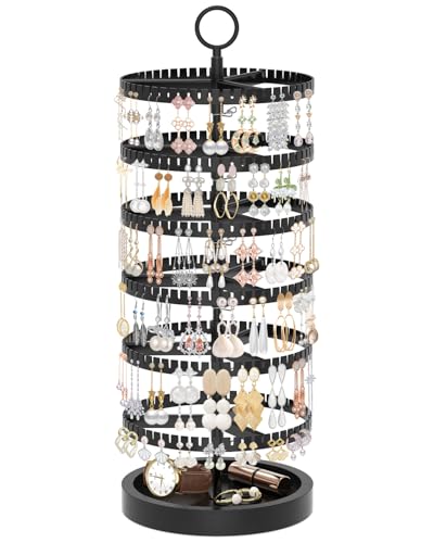 iDavosic.ly 6 Tier Rotating Earring Holder Organizer with Wooden Tray, Large Dangle Display Stands Tree with 342 Plastic Grooves, Adjustable Hoop Storage Rack, Space Saving Tower, Black - color: Sleek Black, size: 6 Tiers