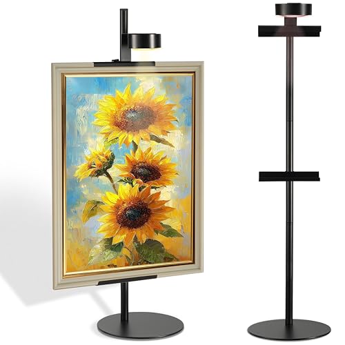 Adjustable Desktop Photo Frame Stand with Magnetic Wall Painting Light, Holds Picture Frames up to 30 Inch,with Rechargeable Battery,Metal Vertical Stand with 3 Color Temperature & 13RGB Poster Lights, for Displaying Picture Frames, Artworks (1 Pack,Black