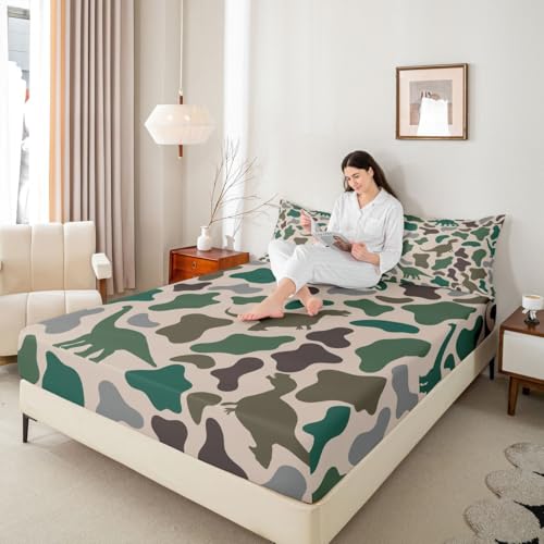Manfei Army Green Camo Fitted Sheet Queen Size,Dinosaur Camouflage Bedding Set 3pcs,Wild Animals Theme Bed Sheets with 2 Pillowcases,Kids Boys Girls Room Decor,Soft Deep Pocket Bedding(No Flat) - color: Green, size: Queen (60*80*16")