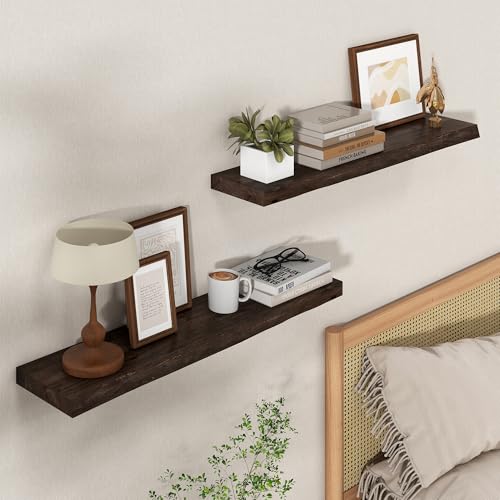Axeman 32 inch Floating Shelves for Wall - 8'' D Live Edge Rustic Solid Elm Wood Floating Shelves Wall Mounted, Wall Shelves with Invisible Bracket for Living Room Bedroom Kitchen, Set of 2 Walnut - color: Walnut With Live Edge, size: 32 inches - 2P