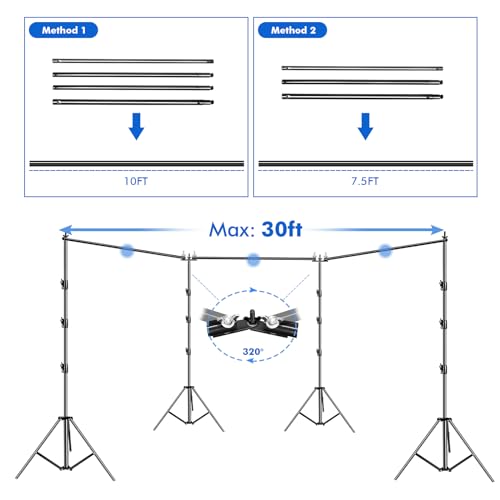 SLOW DOLPHIN Photo Video Studio 30ft (Wide) x 10ft (Tall), Degree Crossbar Rotatable, Angle Adjustable Triple Crossbar Extender Mount, Photography Background Support System, Sand Bags,Clamps