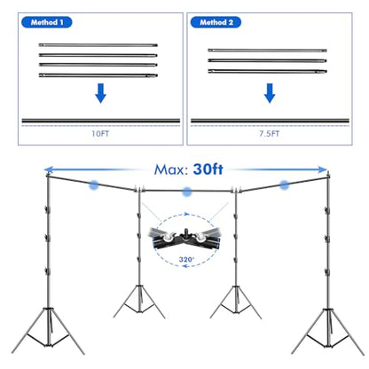 SLOW DOLPHIN Photo Video Studio 30ft (Wide) x 10ft (Tall), Degree Crossbar Rotatable, Angle Adjustable Triple Crossbar Extender Mount, Photography Background Support System, Sand Bags,Clamps