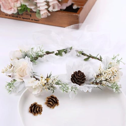 Vintange Flower Headband, Purple Flower Pine Cone Wreath, Women Boho Headpiece, Floral Crown for Bridal Wedding Party Festivals Photo Props