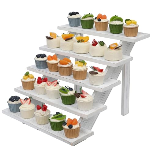SwallowLiving 5 Tier Wooden Rustic Cupcake Stand for 30 Cupcakes, Stepped Wood Display Stand for Weddings, Tiered Party Table Display Riser for Food , Dessert, Cookie, Decor, Craft Show, White - color: White | 5-tier