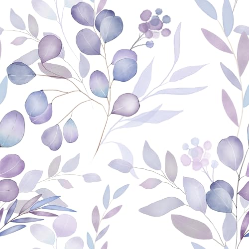Purple Leaves Peel and Stick Wallpaper, Soft Watercolor Botanical Pattern Removable Contact Paper, Modern Minimalist Vinyl Wallpapers for Walls Bedroom Cabinet Wardrobe Desktop 17.5In x 9.8Ft - color: White/Purple, size: 17.5" x 118"