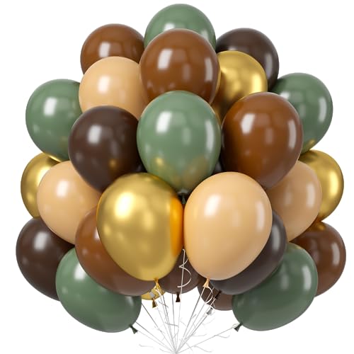 60 PCS Sage Green, Gold, Brown Latex Balloons - Woodland Camo Army Olive Green, Dark Brown, Coffee Nude Gold Party Balloons for Jungle Safari Woodland Hunting Birthday Decorations - color: Sage Green Brown