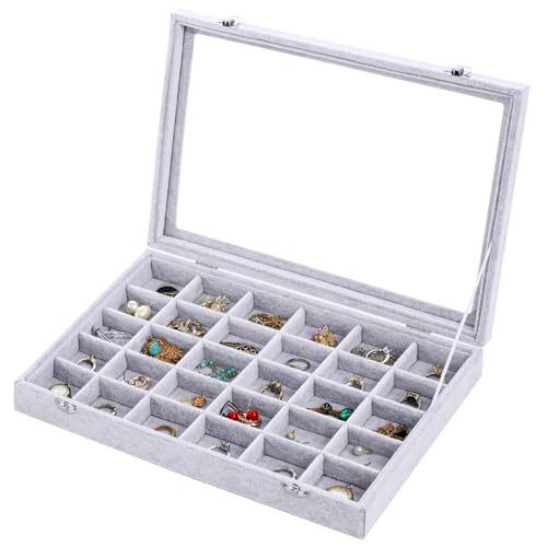 Jewelry Organizer Tray with Clear Lid 30 Grid Velvet Drawer Insert Jewelry Storage box with Glass lid Display Case Store Showcase Holder with Lock Gifts for Women - color: 30 Grid