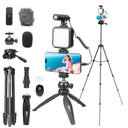 USKEYVISION Vlogging Kit for iPhone Youtuber Starter Kit Content Creator Equipment for iPhone 16/15Pro Max with 59'' Extendable Fullsize Tripod, LED Light,Shotgun Mic Video Recording(Vlog K4) - size: VLOGK4(Shotgun Mic)