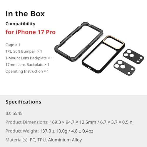 SMALLRIG Mobile Video Cage for iPhone 17 Pro, Case with T-Mount Lens Backplate and 17mm Threaded Lens Backplate, TPU Soft Frame, Aluminium Phone Rig for Videography Recording Vlog, Basic Edition-5545 - style: Basic Cage