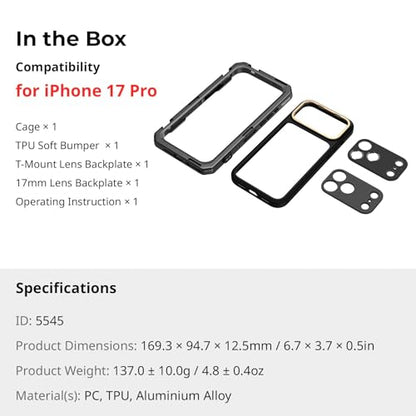 SMALLRIG Mobile Video Cage for iPhone 17 Pro, Case with T-Mount Lens Backplate and 17mm Threaded Lens Backplate, TPU Soft Frame, Aluminium Phone Rig for Videography Recording Vlog, Basic Edition-5545 - style: Basic Cage