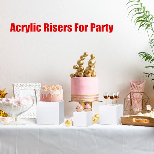 Clisela 3pcs Acrylic Cube Display Stands Box Risers with Hollow Bottoms, Food Risers for Buffet Table, Decorative Display Stand Shelf for Dessert Collectibles Jewelry Figures Show - White 3" 4" 5" - size: (3,4,5)"- White