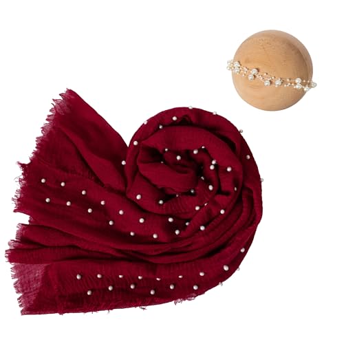 Baby Photo Shoot Props for Newborn Infant|Newborn Photography Wrap Pearl Raw Edge Swaddling Blanket & Headband Set (Red) - color: Red