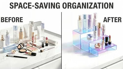Stackable Acrylic Display Risers, 4 Sets 12 Pieces Clear Riser Stands, 3-Tier Iridesc Stair Stands for Cupcakes, Jewelry, Makeup - Waterproof & Easy Clean, Space-Saving Nesting Design (3 Sizes) - color: Iridescent
