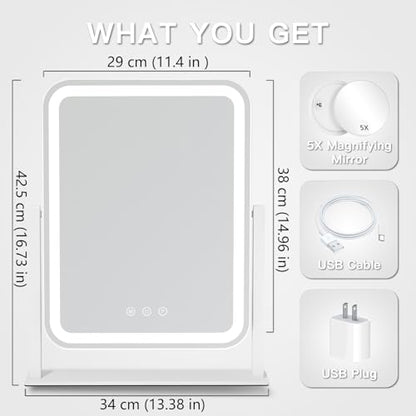 HIEEY Vanity Mirror with Lights, 17.4'' x 13'' Makeup Mirror with Lights, Three Color Lighting Modes, and 5X Magnification Mirror, Smart Touch Control, 360°Rotation (White,Gift Box) - style: 17.4'' x 13'' (96 LED)