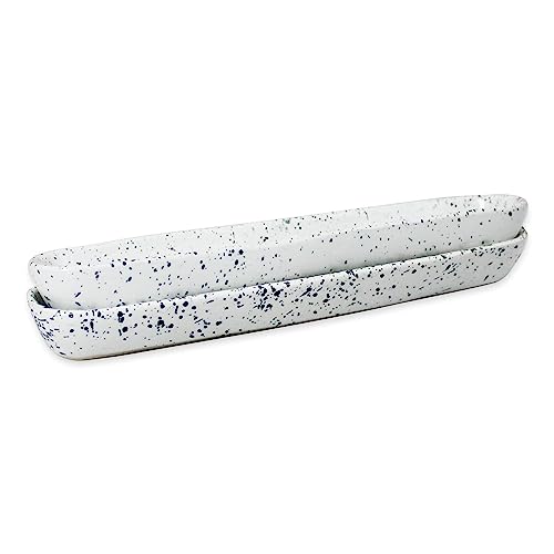 roro Ceramic Stoneware Hand-Molded Speckled Spotted Relish Plate (Olive Boat Tray Set of 2, White)