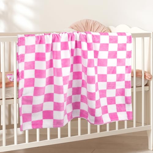 GreatBba Plush Checkered Baby Blanket for Boys Girls Nursery, 30"*40" Warm Short Fleece Blanket Neutral for Infant Newborn, Small Fuzzy for Sleeping, Chenille Baby for Stroller (Pink&White) - color: Pink&white