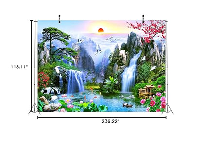 BELECO 20x10ft Fabric Fairyland Mountain Lake Photography Backdrop Waterfalls Swans Fish Flowers Dreamy Natural Landscape Painting Background Wall Murals Home Decor Kids Adults Portrait Photoshoot - size: 20x10ft