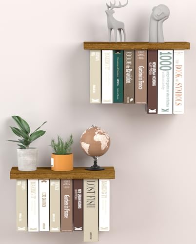 Tohiasen Floating Book Shelves for Wall Mounted Set of 2, Wood Hanging Bookshelf, Book Display Shelf for Wall, Unique Space Saving Book Shelf Wall Book Holder (Brown) - color: Brown