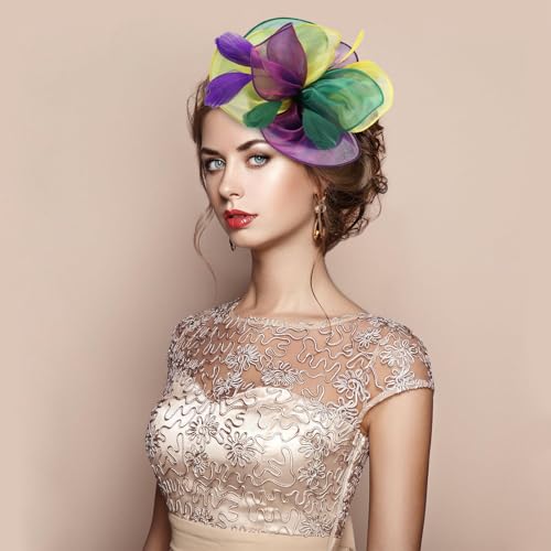 Fascinators Hats with Gloves Set for Women 20s 50s Cocktail Tea Party Wedding Costume Headwear - color: 03-green Purple Yellow