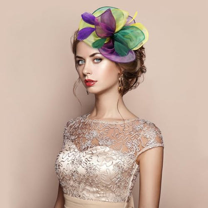 Fascinators Hats with Gloves Set for Women 20s 50s Cocktail Tea Party Wedding Costume Headwear - color: 03-green Purple Yellow