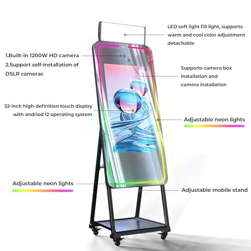 HARZHI Magic Mirror Photo Booth with Printer, 32 Inch Touch Screen, Android 12 System Photo Booth Machine, 12MP 4K Selfie Camera, Free ChackTok Membership, with Flight Case