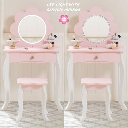 Spirich Kids Vanity, Girls Vanity Set with Mirror and Stool and Lights, Kids Vanity Table and Chair Set, Wooden Princess Makeup Desk Dressing Table (Flower Shape with LED Strip) - size: Flower Shape With Led Strip