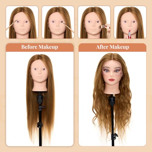 Mannequin Head 80% Human Hair with Tripod Stand,28 Inch Make up Cosmetology Manikin Practice Doll Head,Braiding Hairdressing Head with Table Clamp + DIY Hair Styling Set - color: Blonde#27
