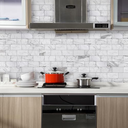 Vamos Tile 100-Piece Glossy Statury White Peel and Stick Backsplash Tile,3''x6'' PVC Subway Tile with Dark Gray Grout, Stick on Backsplash for Kitchen/Bathroom/Fireplace - color: Statury White with Dark Gray Grout