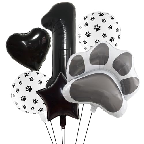 1st Birthday Dog Paw Balloons Set,18'' Paw Prints, Heart,Star,Paw Shaped Foil Balloon 40 Inch Black Number 1 Helium balloons for Puppy Themed Third Anniversary Birthday Party Decorations Supplies 6PCS - color: Black-1