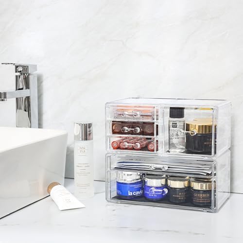 Cq acrylic 2 Pack Clear Desk Organizer With Drawers,Stackable 6 Drawers Skincare Organizer,Cute Skin Care Organizers for Vanity Hair Clip,Jewelry,Beauty Product Desk and Makeup Organizers Countertop - size: Large 6 Drawers