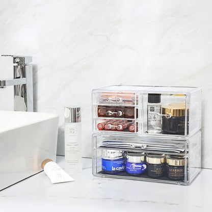 Cq acrylic 2 Pack Clear Desk Organizer With Drawers,Stackable 6 Drawers Skincare Organizer,Cute Skin Care Organizers for Vanity Hair Clip,Jewelry,Beauty Product Desk and Makeup Organizers Countertop - size: Large 6 Drawers