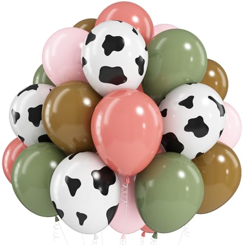 Cowgirl Balloon Dusty Blush Pink Sage Green Brown Tan Coffee Beige Sand White Nude Retro Balloons Cow Print Balloon for Boho Rodeo Barnyard Baby Shower Birthday Farm Animal Western Party Decorations - color: Pink Green Cow