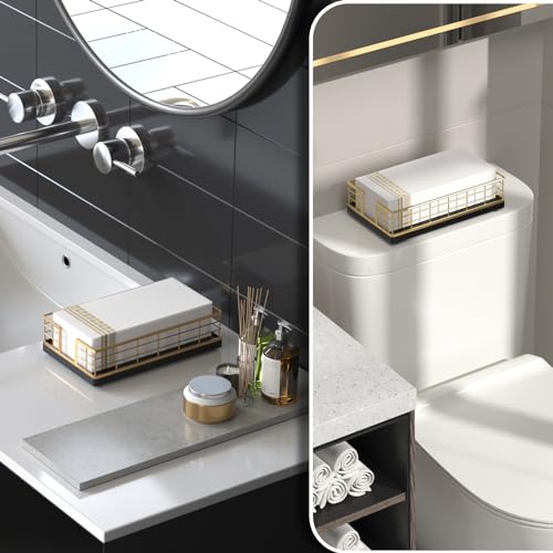 Wican Guest Towel Holder Tray for Bathroom, Oak and Iron Napkins Holder for Powder Room Dinning Table Wooden Basket for Disposable Paper Hand Towels Gold and Black - color: Gold/Black, size: 9.06 x 5.51 x 2.56 inchs