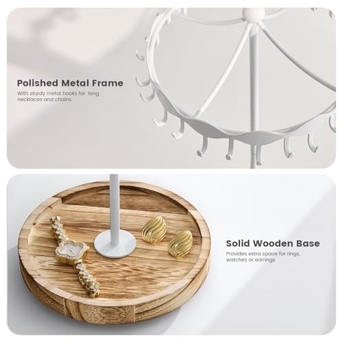 Lolalet Rotating Necklace Holder Stand with Metal Hooks, Spinning Display Carousels, Freestanding Organizer Hanger, for Long Necklaces Chains -White - color: White