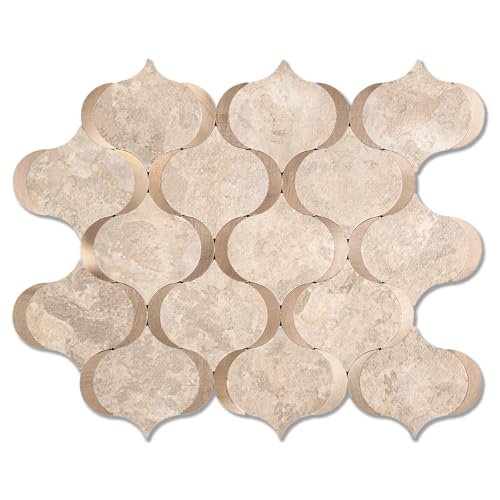 10 Sheet Arabesque Peel and Stick Backsplash Tile, Stick on Backsplash for Kitchen and Bathroom Wall, Beige Stone Look PVC Mixed Metal Aluminum - color: Beige Stone Mixed Metal Rose Gold