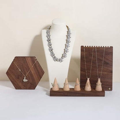 Wooden ring organizer holder for jewelry, Stable ring display stand for boutique store, walnut base with white ring cones for jewelry selling【Ring holder-Cone 5】 - style: Five Cone