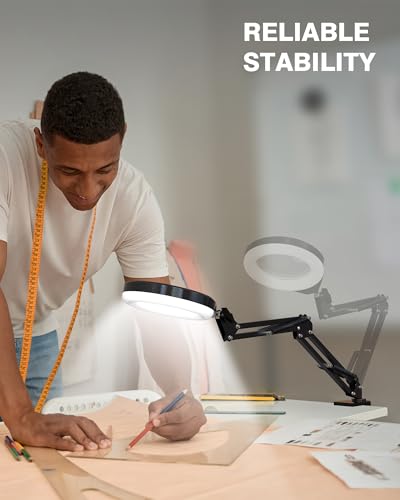 Magnifying Glass with Light, 10X & 5X Real Glass & Anti-Glare Lens, 5 Color Mode Stepless Dimmable LED Desk Magnifying Lamp, Hands-Free Desk Lamp with Clamp for Crafts Reading Repair Hobby (White) - color: White