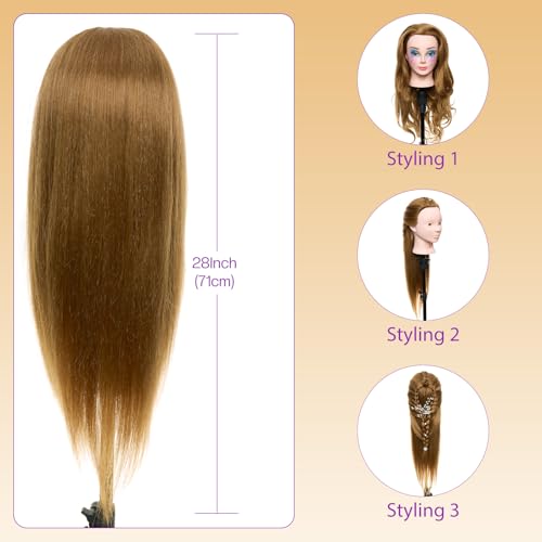 Mannequin Head with 80% Real Human Hair with Tripod Stand - 28" Makeup Cosmetology Manikin Doll Head for Hair Styling, Hairdressing Training Head for Braiding Practice Suitable for Hair Extensions - color: Brown &Tripod Set