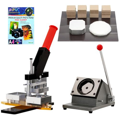 2X2 inch Square Refrigerator Photo Magnet Maker Machine, DIY Custom Badge Maker with Picture Cutter+200 Sets of Supplies +100 Sheets of Photo Paper