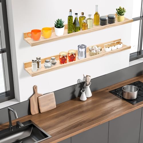 MBYD 48 Inch Natural Pine Wood Floating Shelves for Bedroom, Wide Picture Ledge Set of 2, Wall Mount Unfinished Shelf Can be Painted Nursery Book Shelves for Kids Bedroom Living Room Bathroom Kitchen - color: Natural, size: Set of 2 48in