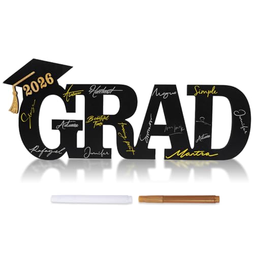 Graduation Decorations 2026, Wood Graduation Guestbook Sign Set with White Gold Signature Pen, 2026 Grad Signature Board with Grad Cap Photo Props for High School College Grad Party Decoration - color: Black Graduate
