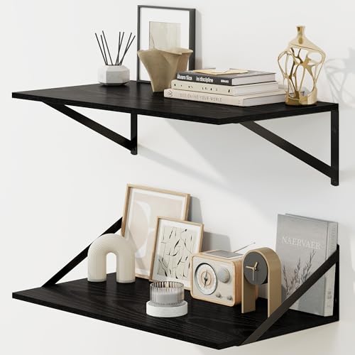 Fun Memories Floating Shelves for Wall, 12 Inch Deep Floating Shelves Set of 2, 24W x 12D Large Wall Shelf with Sturdy Metal Brackets for Living Room, Bathroom, Bedroom and Kitchen, Black - color: A-black, size: 24"W x 12"D