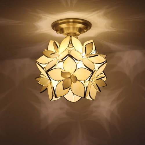 Bieye L11031 Flower Petals Tiffany Style Stained Glass Close to Ceiling Light for Home Decor (Cream White, 8" Rose Lily) - color: Cream White, size: 8" Rose Lily