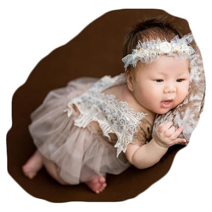 Zeroest Baby Photography Props Lace Hats Outfit Newborn Photo Shoot Outfits Infant Photos Baby Girl Photoshoot - color: Champagne