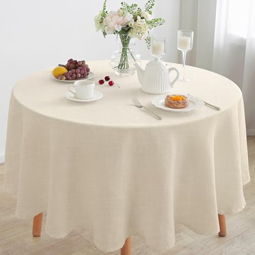Linen World Round Linen Blend Tablecloth 90" Inch,Linen Loook Soft Cool & Breathable,Machine Washable Natural Table Cloth for Dining, Kitchen, Outdoor, Easter-Sand Beige - color: Sand Beige, size: 90" (Round)
