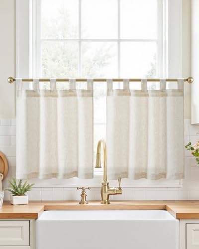 jinchan Beige Kitchen Curtains 24 Inch Linen Farmhouse Tab Top Cafe Curtains Small Window Drapes Flax Country Rustic Light Filtering for Bathroom Laundry Room RV 2 Panels Crude - color: Tab Top Crude, size: 26"W x 24"L (Pack of 2)