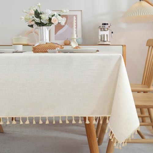 JIALE Textured Tablecloths, Heavy Duty Cotton Linen Farmhouse Table Cloth Rectangle Table, Waterproof Wrinkle-Free Rectangle Tablecloth for Kitchen, Dining, Parties, 55"x75", Ivory - color: Ivory Tassel, size: 75" x 55" (Rectangular)