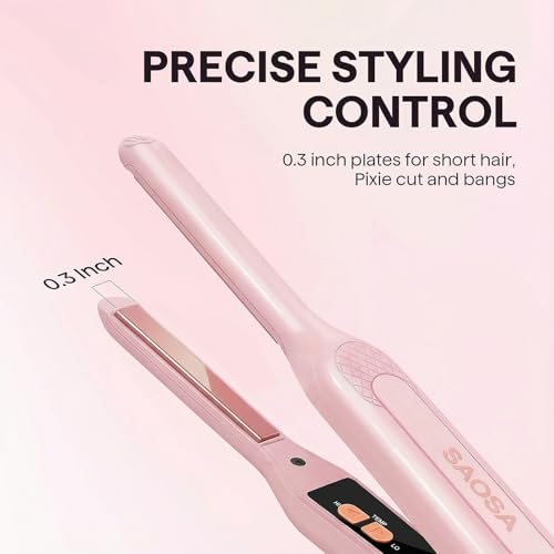 SAOSA Mini Pencil Flat Iron for Short Hair - 0.3" Ultra-Thin Hair Straightener & Curler, 9 Temp (190°F-430°F), Ceramic Tourmaline, Fast 30s Heat Up, Travel Kit with Pouch & Glove, Dual Voltage - color: Pink