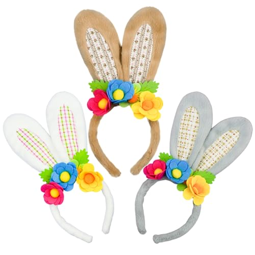 3 Pack Luxurious Easter Bunny Ears Headband Cute Plush Rabbit Ears for Kids Adult Cosplay Birthday Party Supplies - color: 3pcs Headband With Flowers-2